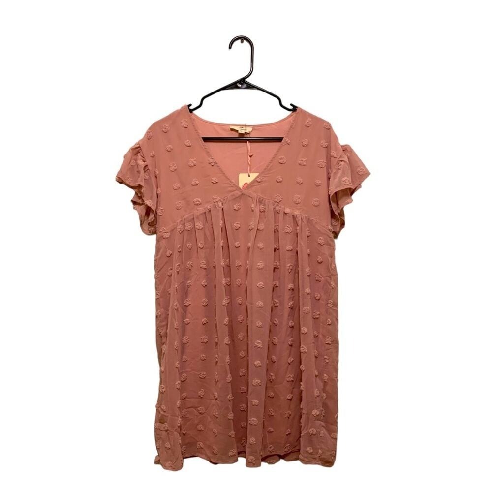 Entro Dress Womens Small Mauve Pink Swiss Dot V-Neck Flutter Sleeve Babydoll New